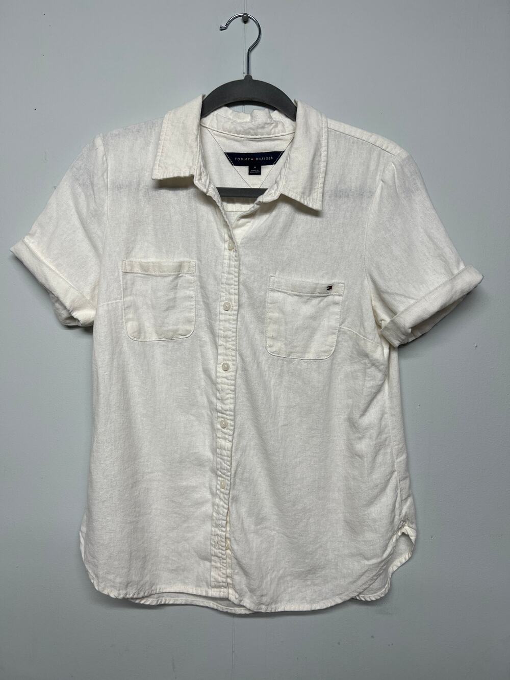 Tommy Hilfiger Linen Blend Button Front Short Sleeve Shirt Womens Medium Capsule